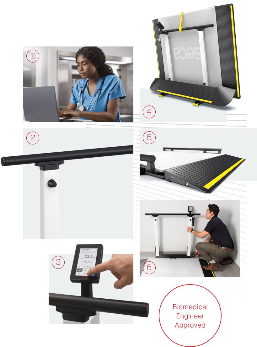 The image is a collage featuring six numbered sections, highlighting key features of a medical device (seca XLine).  A nurse in blue scrubs works on a laptop, focused on her task. A close-up of a horizontal handrail mounted on a medical device (seca XLine Hold). A close-up of a hand interacting with a digital touchscreen (Basic Display), displaying data such as weight. The medical scale (seca XLine Hold) is shown folded upright for storage or transport, with yellow safety edges visible. A close-up of the ramp section of the scale with a textured black surface and yellow safety stripe (seca XLine Base). A biomedical engineer is kneeling next to the scale, performing maintenance. A red circle contains the text 'Biomedical Engineer Approved.'