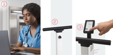 The image is split into three numbered sections. Section 1 shows a nurse in blue scrubs working on a laptop, focused on her task. Section 2 displays a close-up of a horizontal handrail mounted on a medical device (seca XLine Hold). Section 3 shows a close-up of a hand interacting with a digital touchscreen display (Basic Display), displaying data such as weight on a medical device (seca XLine Hold).