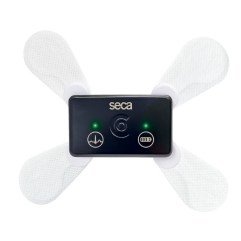 Image of the seca guard Holter ECG device, a compact black unit with adhesive electrodes for continuous heart monitoring, featuring two indicator lights and control buttons.