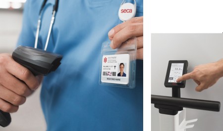 The image is divided into two sections. The first section shows a close-up of a healthcare professional in blue scrubs holding a barcode scanner near an identification badge clipped to their chest. The badge displays the name and photo of the medical professional. The second section shows a hand operating a digital touchscreen, displaying weight and other data on a medical device (seca XLine Hold).