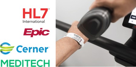 The image is split into two sections. On the left side, there are logos of integration partners, including HL7 International, Epic, Cerner, and MEDITECH. On the right side, a close-up shows a healthcare professional scanning a patient's wristband using a barcode scanner. The wristband has a barcode and identification details, while the scanner is positioned near a digital medical device (seca XLine Hold).