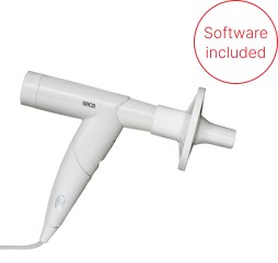 Image of the seca spiro mobile device, a handheld white spirometer used for measuring lung function. In the top right corner: Red circular badge with the text 'Software included' in red font.