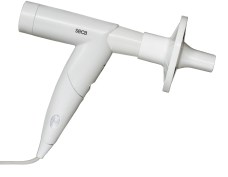 Image of the seca spiro mobile device, a handheld white spirometer used for measuring lung function.