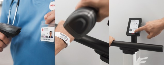 The image is divided into three sections. The first section shows a close-up of a healthcare professional in blue scrubs scanning their identification badge with a barcode scanner. The second section depicts a close-up of a wristband being scanned by a handheld barcode scanner. The third section shows a hand interacting with a digital touchscreen display, which is showing weight and other data on a medical device (seca XLine Hold).