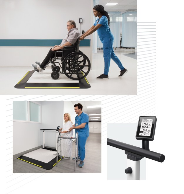 Three images show medical scenarios involving weighing systems. The top image features a nurse in blue scrubs pushing a man in a wheelchair onto a large digital weighing platform with yellow safety edges, located in a hospital hallway. The middle image shows a healthcare professional in blue scrubs assisting a female patient using a walker on another digital weighing platform. The third close-up image displays the screen of a digital scale (seca XLine Hold), showing weight and other measurements.