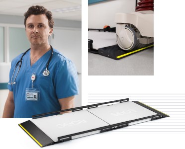 The image is composed of three sections. The first section shows a healthcare professional in blue scrubs with a stethoscope around his neck, standing confidently in a medical environment. The second section is a close-up of a hospital stretcher wheel on a digital weighing platform with yellow safety edges (seca XLine Stretch). The third section shows the full digital weighing platform (seca XLine Stretch) in a flat, unfolded position, designed for use with medical equipment like stretchers.